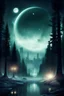 Placeholder: {Scifi}, City, night, boreal forest, two moons in the sky,