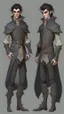 Placeholder: turnaround character of a man elf, he has curly, black hair and sharp cheekbones. His eyes are black. pale skin. He wears fantasy medieval clothes. full body with boots