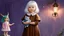 Placeholder: The image is a painting of a young girl with white hair and a pale complexion. She is wearing a brown dress with a ruffled collar and is holding a small blue cat in her arms. The girl is standing in front of a purple background with a star-shaped light fixture on the right side. On the left side of the image, there is a small doll wearing a pink dress with green hair and horns on its head. The doll is standing on a rock and appears to be holding the girl's hand. The overall mood of the painting