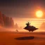 Placeholder: volumetric desert environment, Ralph McQuarrie style painting of an armored hovercraft with cannon, floating in the air, highly detailed, renderman, duststorm at sunrise