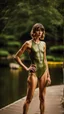 Placeholder: photography of beautiful anorexic woman, shiny olive triathlon swimsuit, medium length wavy bob haircut