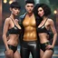 Placeholder: An extremely muscular young man with pixie-cut black hair, wearing a black leather jacket and pants, standing next to a beautiful woman with black hair who is wearing a black two-piece bathing suit with a perfect shaped body, and a perfect face, 4k, 8k, 32k UHD, Hyper realistic, extremely colorful, vibrant, photorealistic, realistic, sharp, highly detailed, professional quality, beautiful, awesome, majestic, superb, trending on artstation, pleasing, lovely, Cinematic,