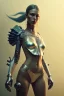 Placeholder: full body portrait of woman in the style of unreal engine, mdjrny-v4 style, flowing hair, perfect face, holding bloody knife, fighting stance, witchblade, wearing torn bikini and military boots, a beautiful full frame portrait digital painting of futuristic gaspunk, cyberpunk city lighting, 3d sculpted, highest quality render, cinema 4d, zbrush,