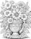 Placeholder: coloring page for kids, depicting beautiful flowers in a designed pot, full body, black and white, well defined lines, grayscale, white background