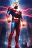 Placeholder: movie poster - "MAGA MAN" - Donald Trump as 'Maga Man,' Extremely Muscular, Skintight, formfitting, crimson suit, blue cape, silver boots, multicolored Lightning, Multicolored vortex, neon lit futuristic cityscape, mist, fog, speed, extremely overexaggerated musculature,