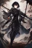 Placeholder: Anime girl with short black hair and sharp green eyes, holding a pike, full body black and white metal plate armour, full body shot, Dramatic lighting,1woman, soaked in blood, Warrior, standing pose, sword at the waist, close shot, lean body,