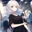 Placeholder: Clear focus, High resolution, light grey short hair, dark green eyes, wearing a black t-shirt and black skirt, fluffy hair, detailed outfit, really fluffy hair