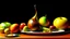 Placeholder: Apples. Pears. Grapes. Dishes. Oranges. Wood table. Coffee pot.