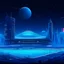 Placeholder: A bright pixel art cyberpunk-style illustration of the Etihad Stadium, home of Manchester City, glowing in sky blue and white neon lights. The stadium is set in a futuristic skyline with illuminated skyscrapers, digital billboards, and a glowing road leading to the main entrance. The architecture is sleek and modern, with light reflecting off metallic surfaces. A full moon and a glowing Manchester City crest hologram float in the sky, casting a radiant blue hue. The city around is lively,