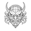 Placeholder: White, minimalis line art , oni mask japanes , vector, white background, outline, with images neatly contained within the background, just black and white color, tatto style.