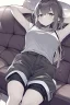 Placeholder: waifu laying on her back on a couch, wearing shorts