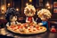 Placeholder: blonde lego girl and curly black haired lego boy eating lego pizza in an italian restaurant in candlelight