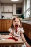 Placeholder: wide hd photo of a little German girl, full body, crying with her mouth open lying on the table in a medical context at the dentist. blood from her mouth stains her short white dress