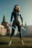 Placeholder: retro portrait image from 1960, Moscow background, wind, long hair, fighting stance, sweet young Scarlett Johansson, classic black tight lycra suit, metal stick weapon, gold bracelet and belt, high heel boots, soft color, highly detailed, unreal engine 5, ray tracing, RTX, lumen lighting, ultra detail, volumetric lighting, 3d, finely drawn, high definition, high resolution.