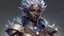 Placeholder: Please generate a female earth genasi cleric in the tempest domain for D&D. She should have dark, stone-colored skin with glittering sparkles like gem dust. She should have lines marking her skin like cracks, showing glimmering gem-like veins. Instead of hair, her head is covered in short, spiky crystals. She is fully-clothed in cleric robes and medium armor. Dark, moody "twilight hour" vibe