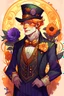 Placeholder: A redheaded man with purple eyes, orange shoulder-length spiked hair, a black bowler hat, and a fanciful medieval outfit with striped pants. Adorned with purple flowers and gold accents, he has light skin, a big bow on his chest. Drawn in a Tumblr style. He is middle-aged and has wrinkles.