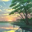 Placeholder: In the anime, a young male character is near the green lake in the sunset afternoon.