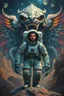 Placeholder: Bosch painting style, an astronaut surrounded by beautiful large creature behind him