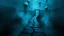 Placeholder: passage over nothingness, surreal, dark and cold abstract artwork dominated by deep blue, icy cyan, charcoal black and muted steel-grey tones. An narrow passageway emerges from an abstract distorted weird landscape, surrounded by thick fog and drifting mist. The space feels nightmare, alien and unsettling, with floating circles and balls geometric forms, fragmented land, perspective. At the center of the composition cracked stone way over abyss