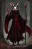 Placeholder: Male rabbitfolk with grey fur and Hazel eyes wearing blood red and black robes in a fantasy setting, sorcerer of death