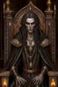 Placeholder: full length, mantle, black cloth, dark green eyes, sits on the throne