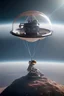 Placeholder: close side view of An astronaut sitting on a large steel ball.floating in the air, wide legs, holding on to the chain