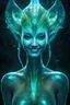 Placeholder: A Photograph with bioluminescent and bioluminous artistic style portrays a smiling giant divine afemale alien god. bioluminescent wet translucent irredescent skin etheral glowing eyes, very long neck, a middle front third eye, large head fins and ear fins flowing showcases an alluring, perfect face in ultra-realistic detail. The composition imitates a cinematic movie, with dazzling, golden, and silver light effects. The intricate details, sharp focus, crystal-clear skin create a highly detail