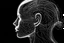 Placeholder: line drawing scratched profile of a mechanical head blowing wavy lines filling space white on black elegant crisp clean lines
