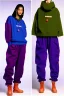 Placeholder: year 1994 women fashion. Loose fit, "combat suit trouser" with low waist, baggy, Combat pants, t-shirt and interesting hoodie with high tippet. Colors: denim blue, blue, purple, khaki, "light and bright green", lilac, plum, orange, terracotta, red, pink, dark blue, beige. Women models. Starling pattern prints.Jennifer Lopez, Gwyneth Paltrow, . Big tennis shoes on. Cargo pants.