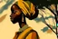 Placeholder: Design, African woman, oil painting, featureless, graphic, drawing without facial features, background, sky, trees, traditional clothes, look to left