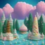 Placeholder: A landscape shot In the background A mountain made of cakes . above the mountain are pink and blue cumulus clouds made of cotton candy. a forest of lollipops and candy canes surround the lake. in the center a large ice cream float that is a lake. Groups Gingerbread people are sunbathing under a sunflower sun. Some gingerbread people are drinking from the lake