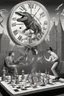 Placeholder: news paper journalist harlequin playing burning chess geese dinosaur reptiles on racing field with twisted ladders in a confused look on his face in front of a huge glass prism clock with angels, in the style of Escher