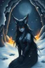 Placeholder: the goddess Nyx as a night fox living under the snow in a dark cave lit with fire, anime, airbrush with pen outline