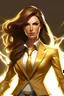 Placeholder: woman that is a superhero and has lightning powers. her suit contains a light gold color and her hair is a brunette.