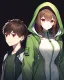 Placeholder: He is 17 years old, feminine in appearance but is a boy, has short dark brown hair, wears a green blouse with a zipper and hood and a white shirt underneath, has red eyes, Determined smile, dark background reminiscent of a nightmare