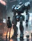 Placeholder: A girl in short shorts and a jacket stands next to a giant robot live-action SEO..., Illustration in the style of Guweiz, Cyberpunk 16 Year Old Spanish Girl Mech, G-Station, guweiz, in door : Russell Dongjun Lu, Digital Cyberpunk Art, Rostran 8K, Guweiz at Artstation Pixiv , Mecha Cyber Armor GirlHigh Quality and Contrast Photos, unreal engine 5, Wide angle of view, Depth of field, Ultra-detailed skins, Color Correction, Crazy details, Color Correction, hyperrealism, lifelike (Top Quality