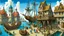 Placeholder: gothic medieval wooden harbour with piers and ships, people, shops, bridges, arches, balconies, taverns, blue sky