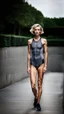 Placeholder: beautiful anorexic woman, total shot, short grey triathlon swimsuit, short blond wavy bob hair, blurred concrete background