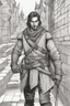Placeholder: male human rogue adventurer in a medieval city