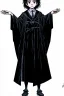 Placeholder: pallid 7 year old boy, necromancer, friendly,wearing black robes, with the lower body of a genie, in the style of Harry Clarke