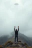 Placeholder: A land with mountain filled with human raising hands up for a strands or unexplained object in the sky hovering in a foggy cloudy sky