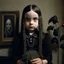 Placeholder: wednesday addams as a child, braids, frange, with a black flower,worn polaroid, 1970s, empty room, no émotion on her cold face