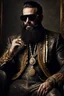 Placeholder: Artistic photo in the audacius style of Jill Greenberg, of man with a luxurious and striking style, abundance of jewelry, oversized sunglasses, neat black beard, feminine manirism, prints, desafiant, extravagant, barroque escene , impasto style with thick texture