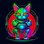 Placeholder: cute cat with armor in neon style with red, blue and green colours without background and plasma melted circle