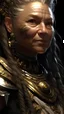 Placeholder: female kalashtar from dungeons and dragons, barbarian class from dungeons and dragons, long and dark hair bound in intricate braids adorned with small feathers and beads, bronzed skin, amber eyes flecked with silver, armor adorned with trophies and tokens such as furs, bones, feathers, and intricate tattoos, realistic, digital art, high resolution, strong lighting