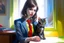 Placeholder: kitten brunette girl secret agent joker in an office in sunshine, very detailed, oil painting