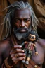 Placeholder: beautiful black skin warrior man gray hair holding a voodoo doll