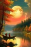 Placeholder: Realistic oil painting of a serene lake with a massive hunters moon in the background, two fishermen in a small boat, intricate details of trees and reflections on the water, by Thomas Moran and Claude Monet, (long shot), warm colors, peaceful atmosphere