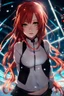 Placeholder: dramatic close-up portrait hologram in the realistic anime style of Mophea Fiverr, a beautiful red haired anime girl , suspended in mid-air within a mesmerizing display of a gallery, dramatic, dark and emo, mesmerizing and striking