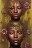 Placeholder: an abstract painting of rusted metal and flowers, african portrait, rust, scaffolding, iron cladding, decay, mixed media, textured, anatomically correct, beautiful perfect face, sharp focus, highly detailed